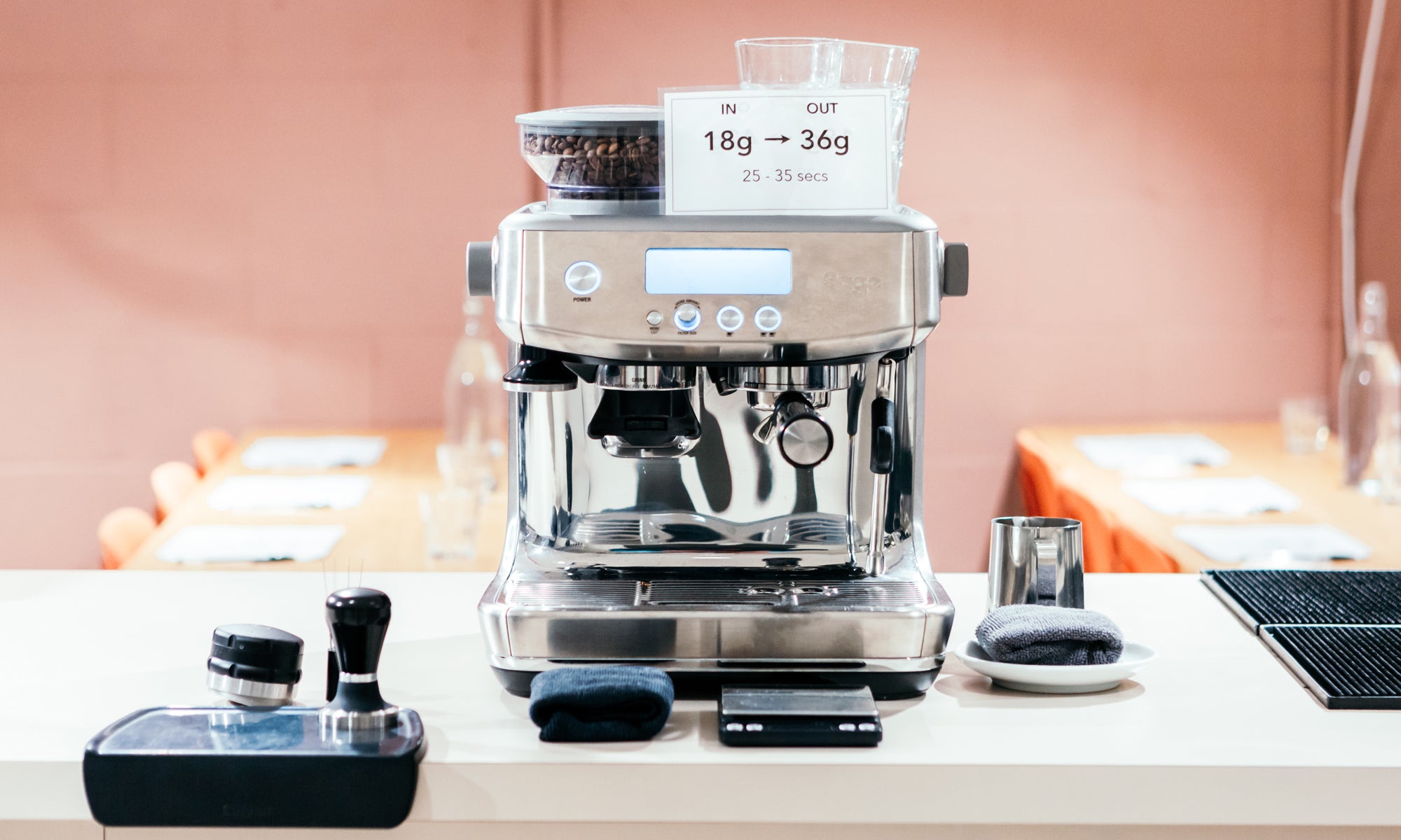 Sage Barista Pro with Square Mile recipe sitting in Prufrock Training facility.