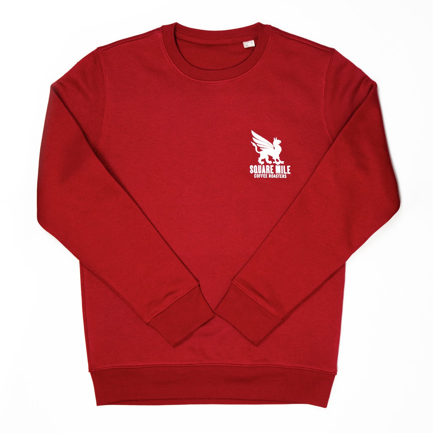 A red crew neck jumper with a white griffin printed on the top left.