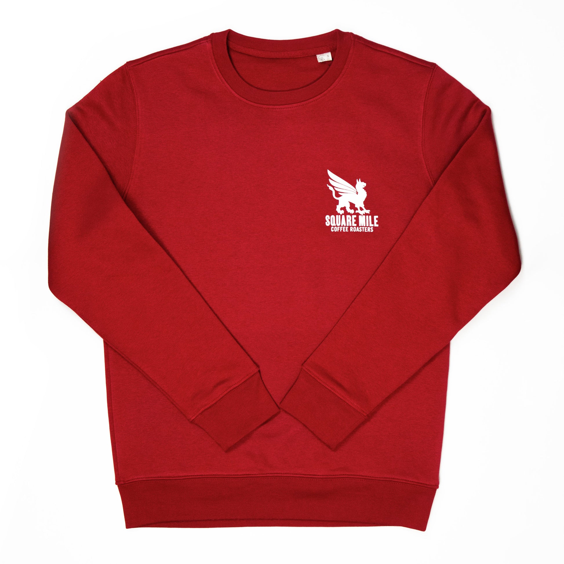 A red crew neck jumper with a white griffin printed on the top left.