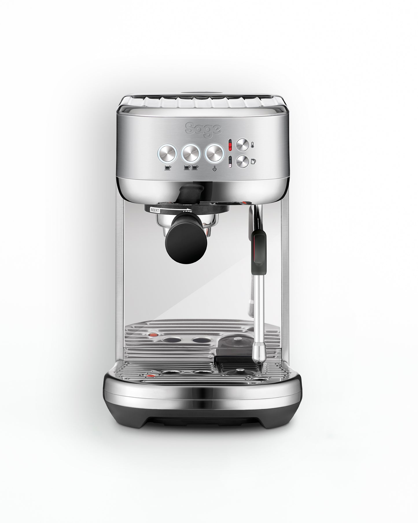 Silver espresso machine on a white background