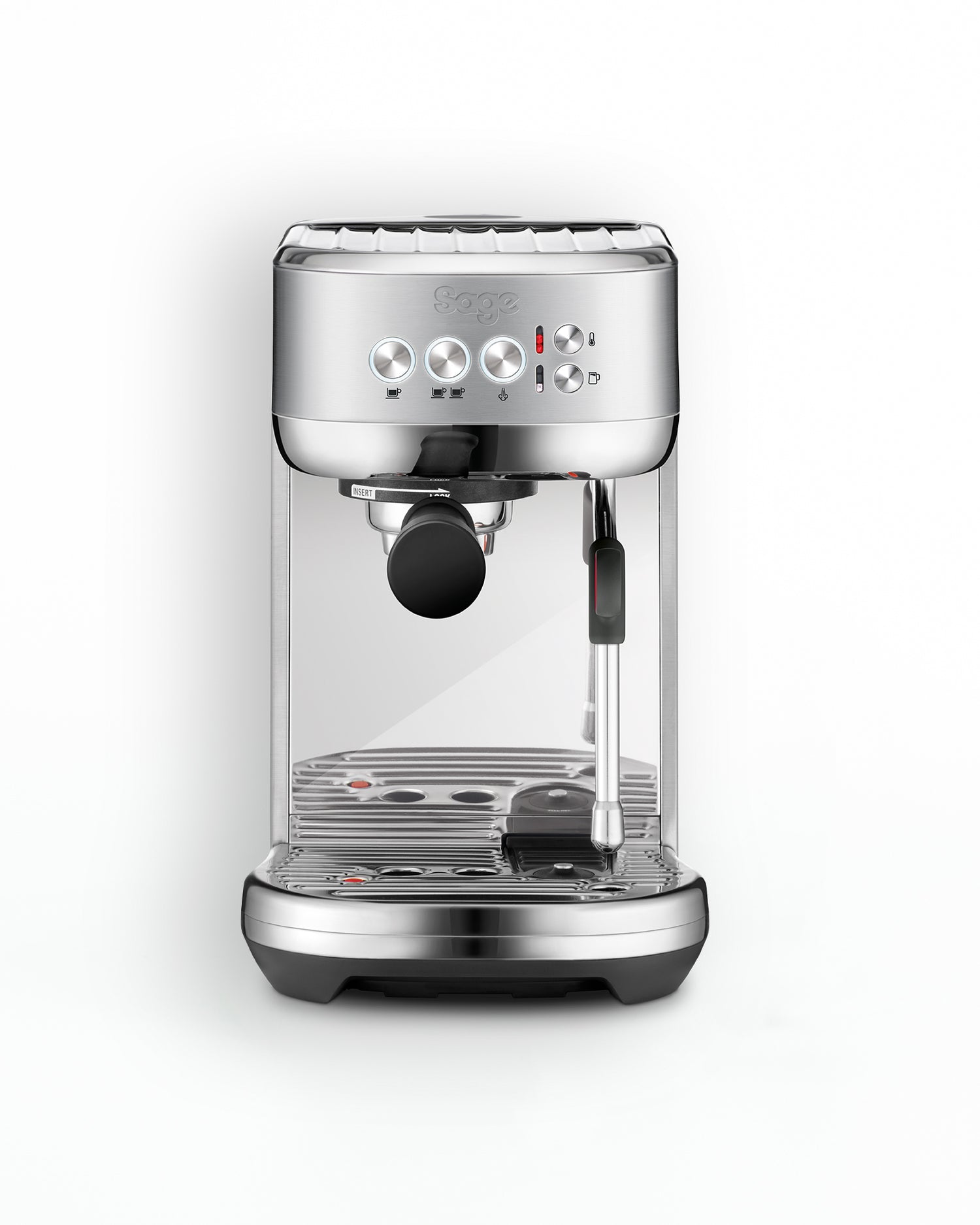 Silver espresso machine on a white background