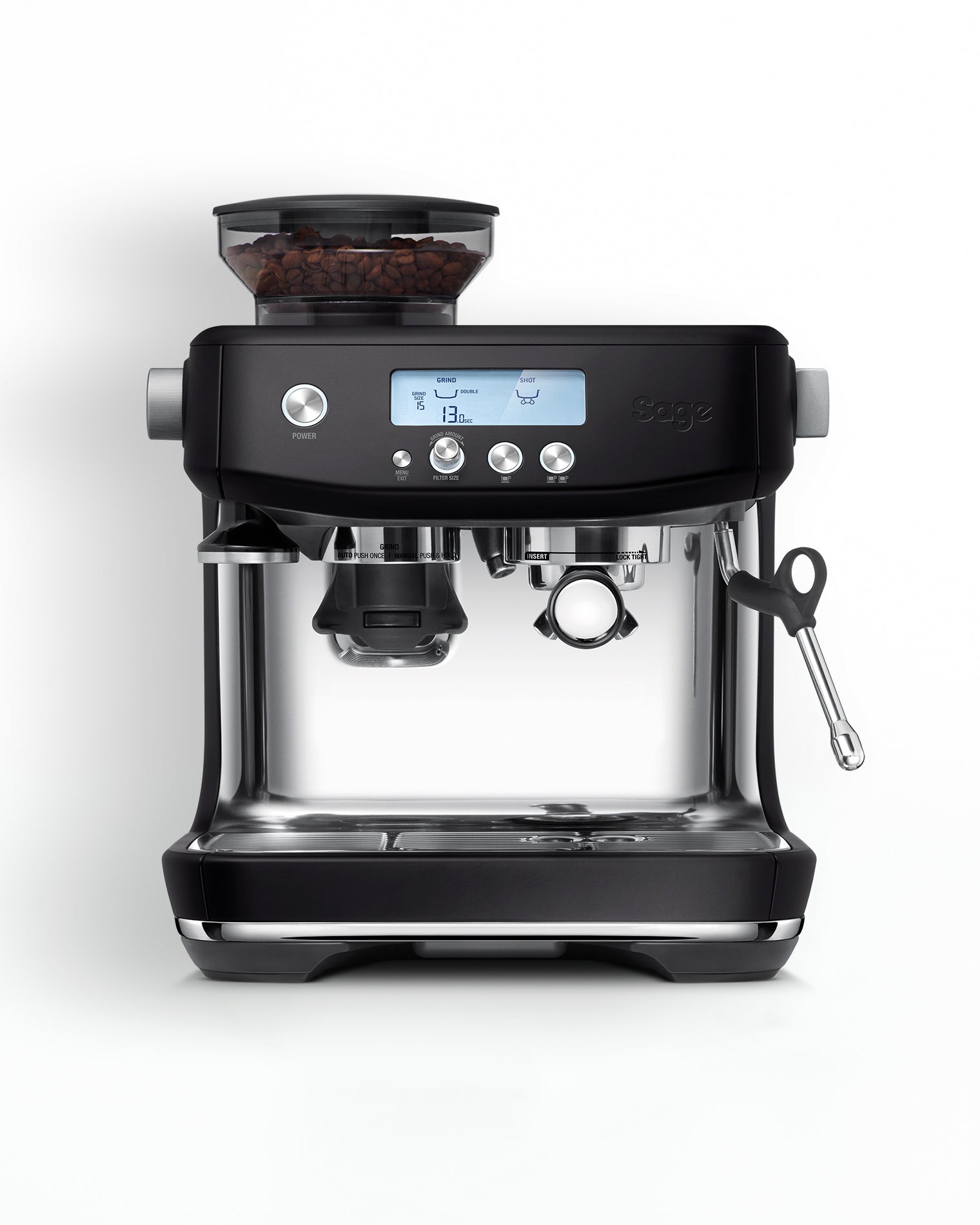 Black espresso machine with digital display on a white background