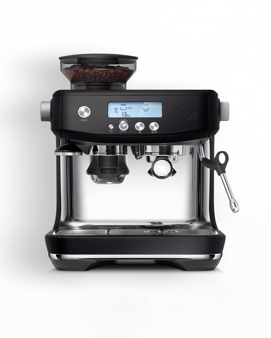 Black espresso machine with digital display on a white background
